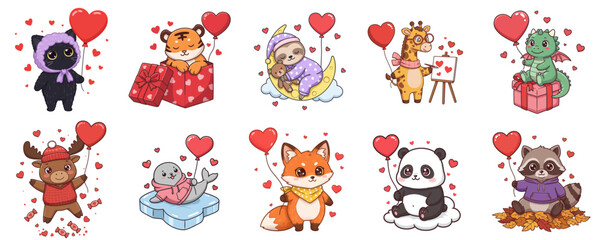 Cute animals celebrating Valentine's Day with hearts and gifts  