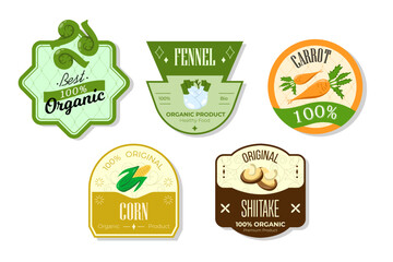Retro fruits banner and labels. Different juices stickers. Packaging tags with corn, shiitake, carrot, fennel. Set of seasonal fruits labels stickers and marks or badges template for packaging