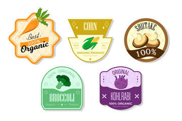 Retro fruits banner and labels. Different juices stickers. Packaging tags with broccoli, kohlrabi, shiitake, corn. Set of seasonal fruits labels stickers and marks or badges template for packaging