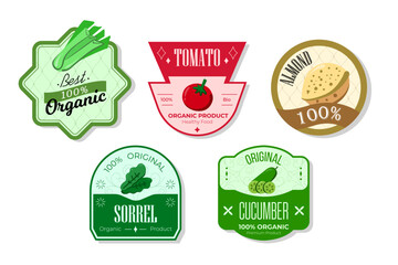 Retro fruits banner and labels. Different juices stickers. Packaging tags with tomato, sorrel, cucumber, almond. Set of seasonal fruits labels stickers and marks or badges template for packaging
