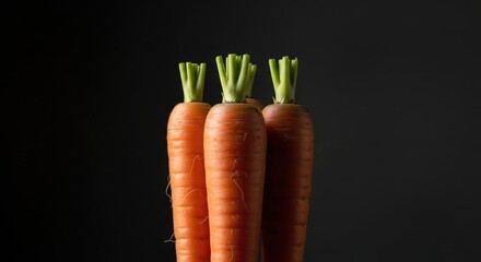 Three fresh carrots with green stems on black background. Food concept.