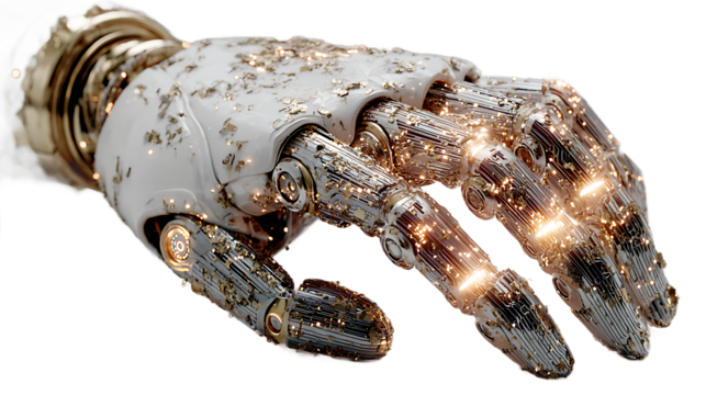 Detailed Robotic Hand with Metallic Circuitry and Golden Accents