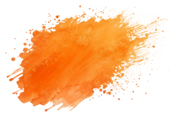 Orange watercolor splash isolated on transparent background, vibrant fluid stain, juicy pigment burst, hand-painted texture, warm artistic blotch for design projects