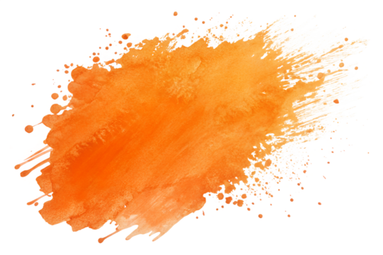 Orange watercolor splash isolated on transparent background, vibrant fluid stain, juicy pigment burst, hand-painted texture, warm artistic blotch for design projects