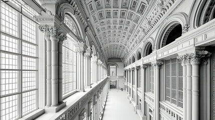 Naklejka premium Elegant Monochrome Grand Hallway With Vaulted Ceiling