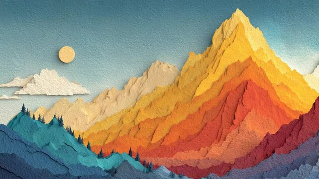 Abstract colorful mountain range artwork with sun and cloud in artistic style