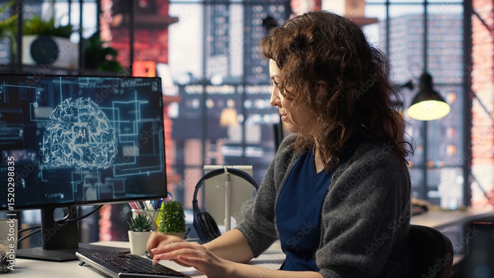 Poster female system admin doing maintenance on ai brain pc systems, sitting at office desk. girl works as 