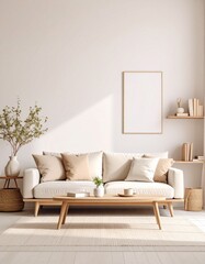 Bright Interior Wall with Minimalist Decor and Empty Frame for Mockup