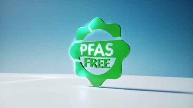 Close up of a green pfas free badge on a white surface against a gradient blue background view