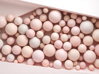 A collection of various sized light pink spheres arranged in a decorative pattern inside a white frame