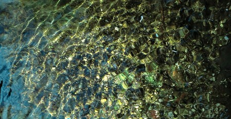 Colorful reflection in the moving surface of the water. Transparent water. Sandy bottom. Brilliant rays of sunlight. Spring in the wilderness. Abstract textured background