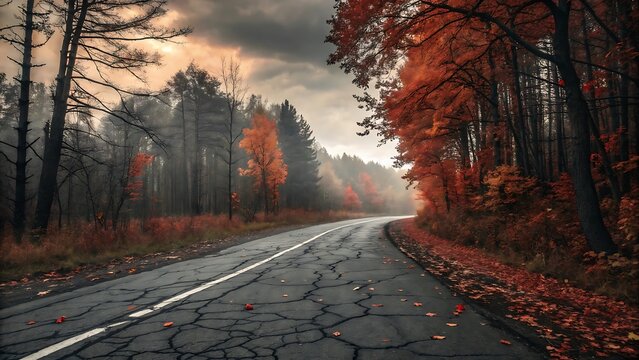 Winding road through autumn forest displaying vivid orange and red fall foliage landscape - Powered by Adobe