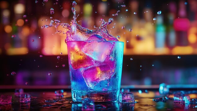 Vibrant cocktail splash in a dimly lit bar