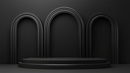 Dark, archway display podium
