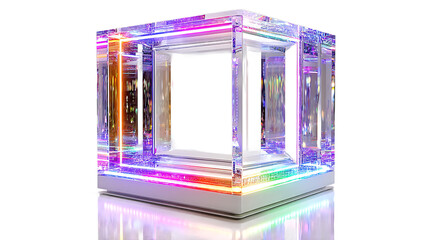 Iridescent Glass Cube with Neon Edges and Interior Space