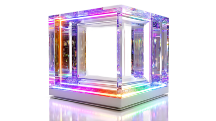 Iridescent Glass Cube with Neon Edges and Interior Space