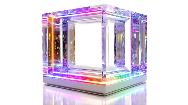 Iridescent Glass Cube with Neon Edges and Interior Space