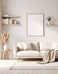 Bright Interior Wall with Minimalist Decor and Empty Frame for Mockup