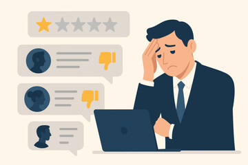 Stressed business owner frustrated by negative online reviews. Disappointed man at laptop with one star rating, thumbs down. Customer dissatisfaction, bad feedback, reputation crisis concept.