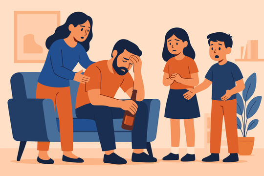 Family intervention for alcohol addiction: Worried wife and children comfort troubled man. Mental health crisis, alcoholism, family therapy, support group, social issue, vector illustration.