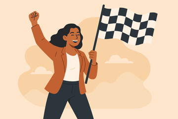 Successful businesswoman celebrating victory, holding checkered flag. Business achievement, goal completion, leadership, motivation. Winning concept, finish line, triumph, success story vector.