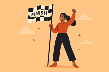 Victorious woman celebrating at finish line, holding checkered flag. Concept of success, achievement, goal completion, winning, determination, empowerment. Business, sports metaphor.