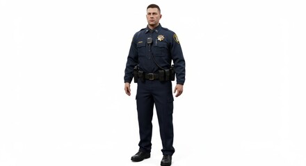 A police officer in a full uniform with a badge and radio, standing on a white background, full body, serious expression, realistic lighting.