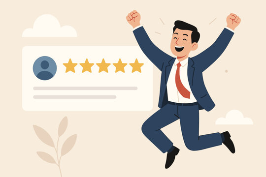 Customer review five stars. Businessman success celebration. Happy man jumping. Positive feedback concept. Excellent rating satisfaction. Male employee achievement. Quality service. Client feedback.