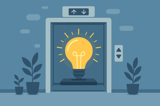 Startup growth symbol, lightbulb idea in elevator. Conceptual design for innovation, business progress, new opportunities, upward mobility, creative solution, invention, inspiration. Vector.