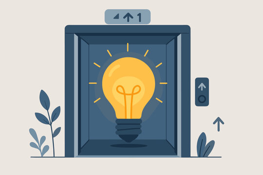 Elevator pitch concept. Glowing lightbulb idea in ascending lift, symbolizing startup growth, innovation, success. Business strategy, progress, new venture, creative solution, vision. Vector icon.
