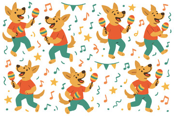 Dancing dog seamless pattern. Cute cartoon canine musician playing maracas. Festive animal character illustration for party, celebration, kids. Repeating background, musical notes, joyful rhythm.