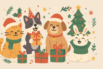 Naklejka premium Adorable pets Christmas party vector. Cheerful cat, dogs, and bunny with Santa hats, presents, and festive tree. Cute holiday illustration for seasonal greetings and children's designs.