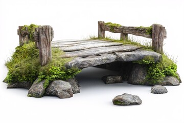 Rustic Wooden and Stone Bridge in Forest Landscape. Scenic Nature Trail in Tranquil Park