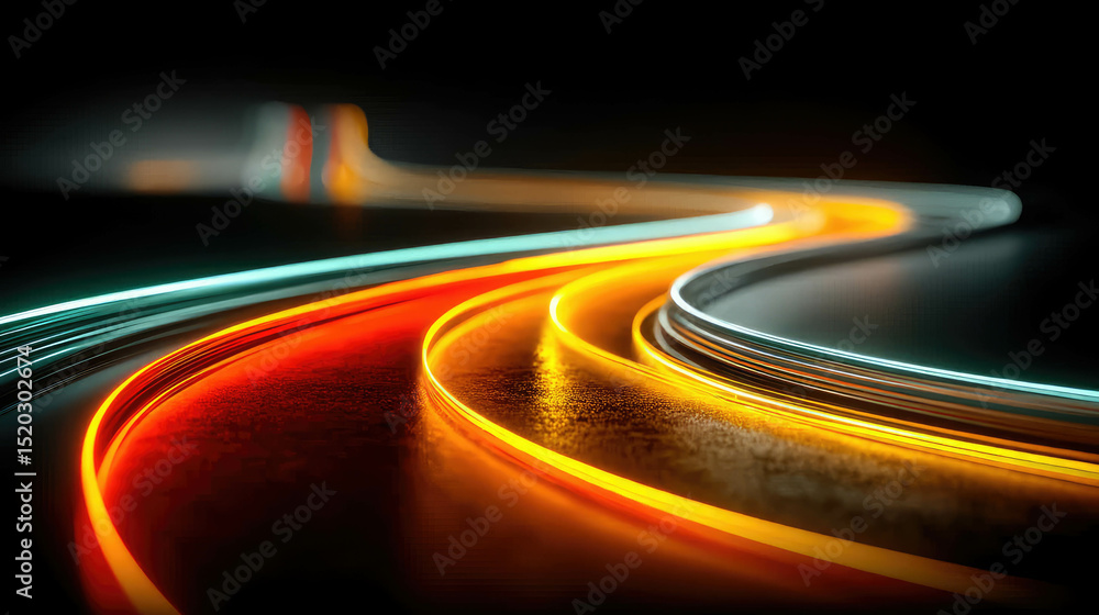 Poster glowing neon light trails curve through a dark surface, symbolizing speed, data flow, and futuristic