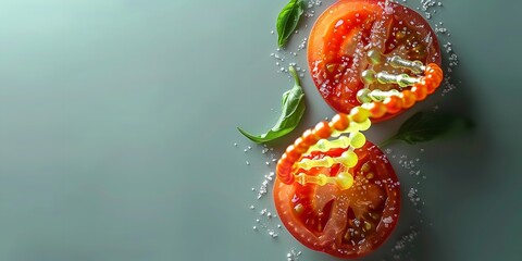 Over a pale green setting, a  wedge of tomato with a glistening DNA helix inside that glows vividly from its core lovely hue and space, Generative AI.