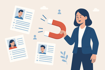 Magnetic recruitment process attracting new talent. Woman HR manager holding magnet to draw job seekers, perfect candidates, employee hiring. Human resources strategy for business growth.
