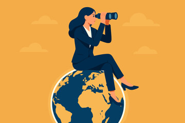 Businesswoman on top of the world using binoculars, actively exploring global opportunities, searching for success, future vision, leadership, and international growth.