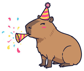 Capybara wearing a tiny party hat, blowing a party favor. Vector sticker design