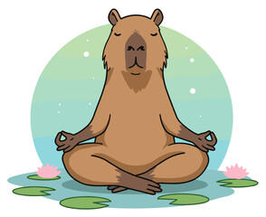 Capybara meditating in a serene lotus position, surrounded by floating lily pads. Vector sticker design