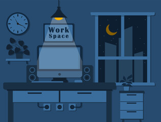 Obraz premium Flat Vector Illustration of Home Workspace at Night with Computer and Window View