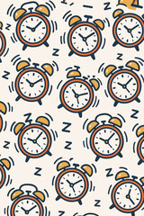 Seamless Retro Alarm Clock Pattern Background, Vintage Wake Up Bell Clock Illustration, Hand Drawn Timepiece Design, Sleep and Morning Concept, Wakefulness Symbol