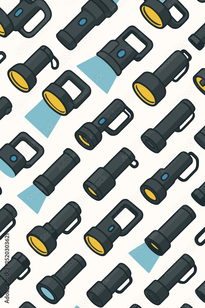 Aufkleber flashlight pattern design. seamless vector background with pocket torches, some shining light beams.