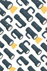Seamless Flashlight Pattern. Adventure, Safety, and Emergency Lighting Background. Camping Equipment. Dark Gray Flashlights. Vector Graphic. Night, Security and Exploration.