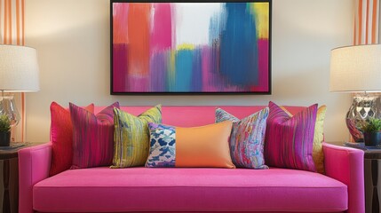 Vibrant pink sofa with colorful throw pillows and abstract artwork.