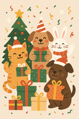 Adorable Festive Pet Celebration: Cartoon Cat, Dogs, Rabbit with Christmas Tree and Gifts. Cute Holiday Animals Vector Graphic for Greeting Cards and Festive Designs