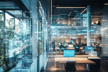 Modern office space with advanced technology overlay