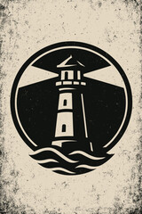 Distressed Lighthouse Logo Vector. Vintage Marine Beacon with Grunge Texture. Coastal Navigation Symbol. Nautical Design. Sea Adventure Icon. Maritime Safety Sign. Coastline Landmark Graphic.