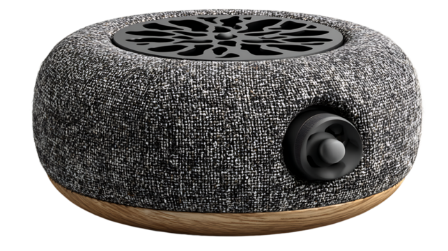 Round Speaker with Textured Fabric Wooden Base and Black Control Knob