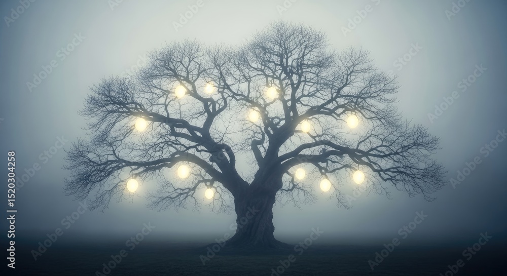 Poster ethereal image features a silhouetted tree illuminated with glowing orbs against a misty backdrop su