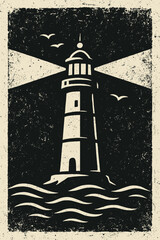 Distressed Lighthouse Vector Logo. Coastal Beacon with Grunge Texture. Nautical Navigation Symbol. Vintage Maritime Design. Sea Waves and Flying Birds Graphic Illustration